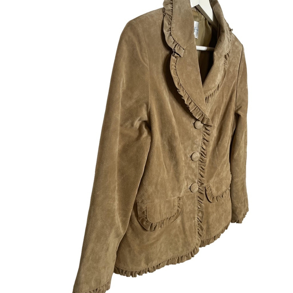Vintage Suede Leather Blazer Jacket Tan Brown Boho Ruffle Trim Alice Blue S - Picture 5 of 17